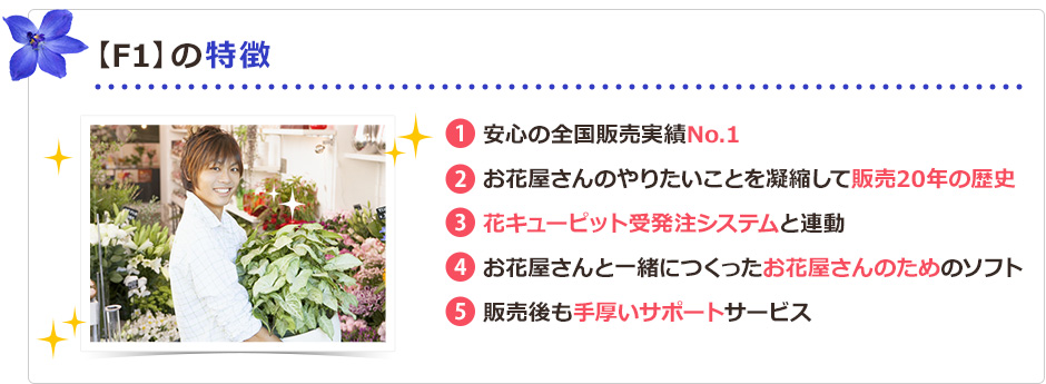 （1）安心の全国販売実績No.1（2）お花屋さんのやりたいことを凝縮して販売20年の歴史（3）花キューピット受発注システムと連動（4）お花屋さんと一緒につくったお花屋さんのためのソフト（5）販売後も手厚いサポートサービス